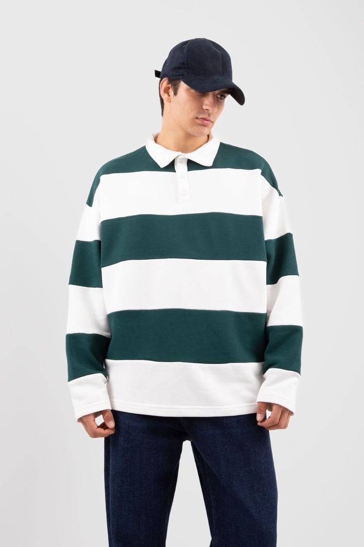 Polo Yaka Çizgili Yeşil Sweatshirt