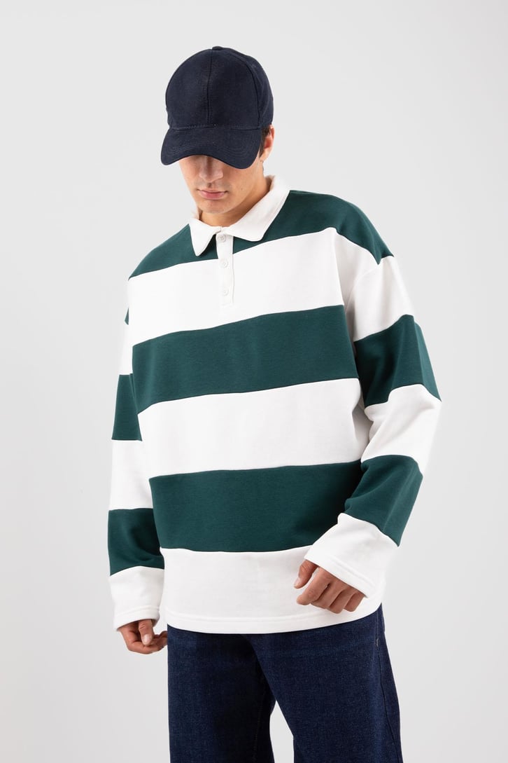 Polo Yaka Çizgili Yeşil Sweatshirt