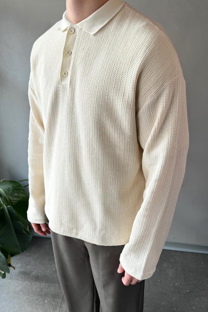 Polo Yaka Dokulu Oversize Sweatshirt