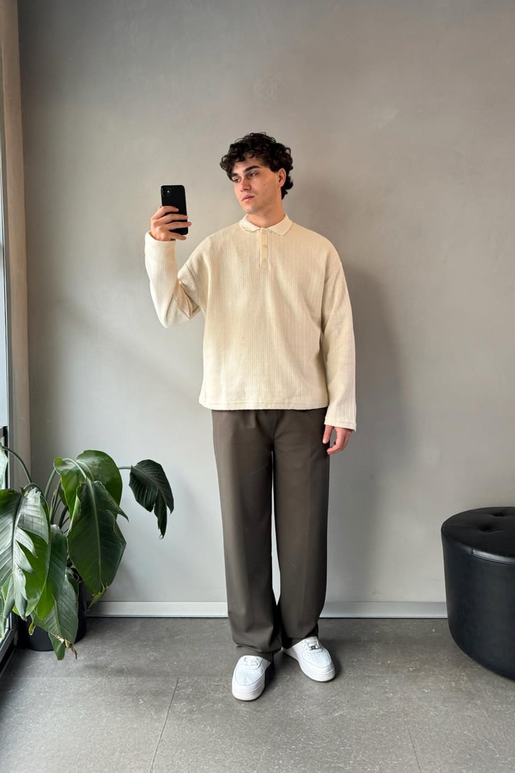 Polo Yaka Dokulu Oversize Sweatshirt