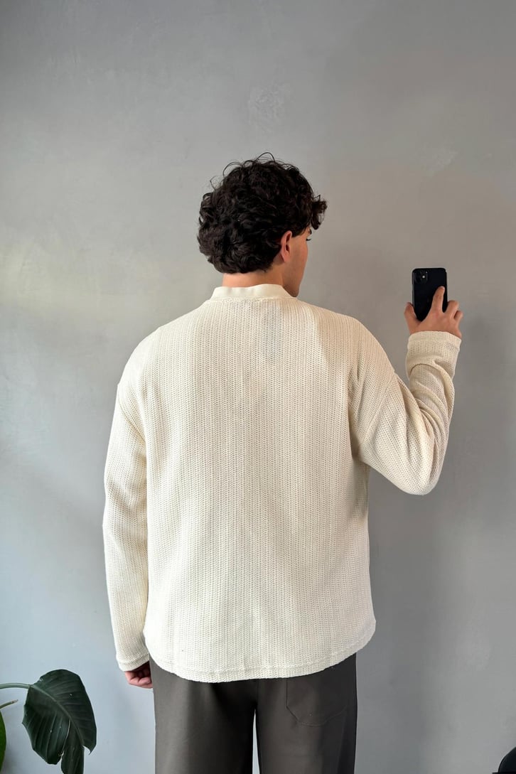 Polo Yaka Dokulu Oversize Sweatshirt