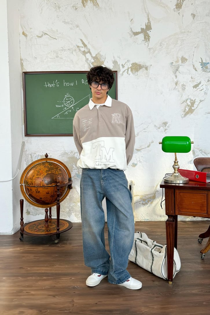 Polo Yaka Double Color Oversize Sweatshirt