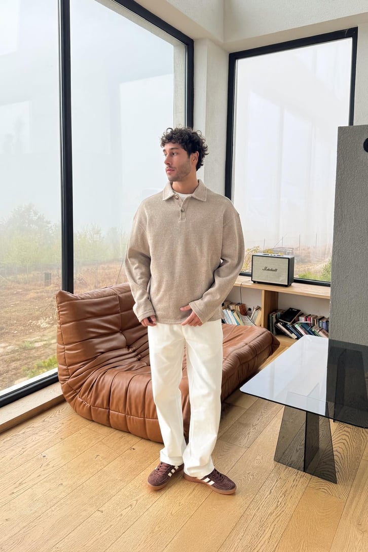 Polo Yaka Düğmeli Örme Sweat