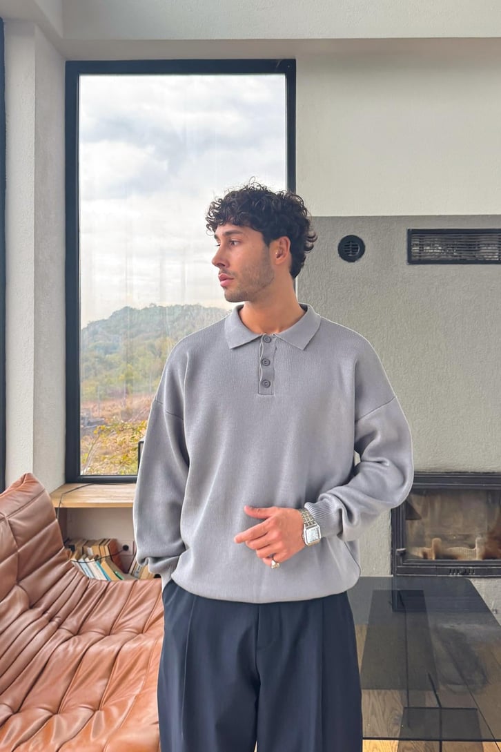 Polo Yaka Düğmeli Triko Kazak