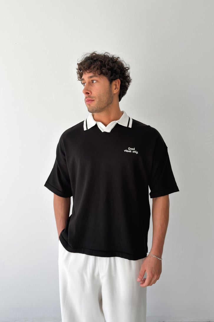Polo Yaka Good Vibes Nakışlı Triko Tişört