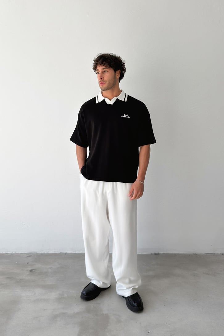 Polo Yaka Good Vibes Nakışlı Triko Tişört