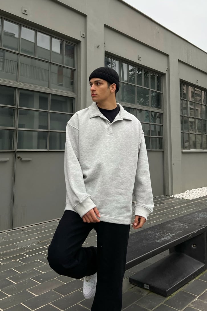 Polo Yaka Gri Sweatshirt