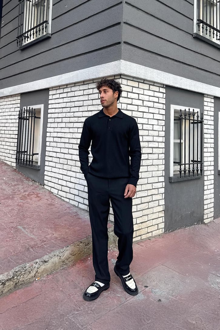 Polo Yaka İnce Siyah Triko Kazak