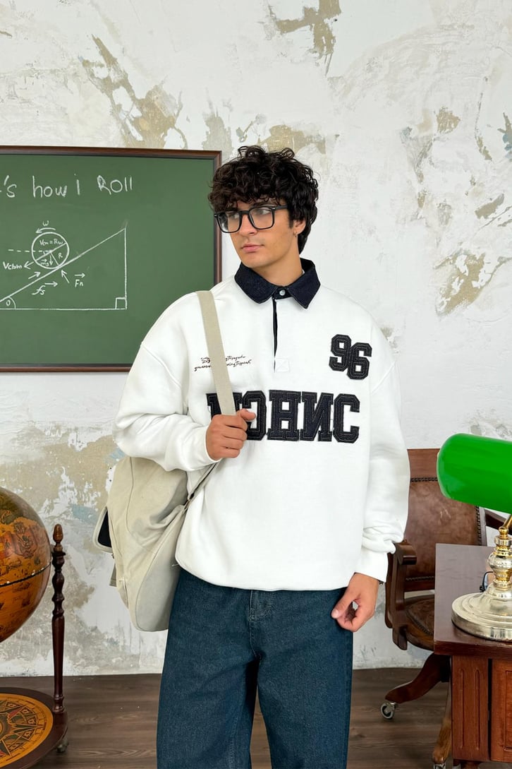 Polo Yaka Kot 3D Baskılı Sweatshirt