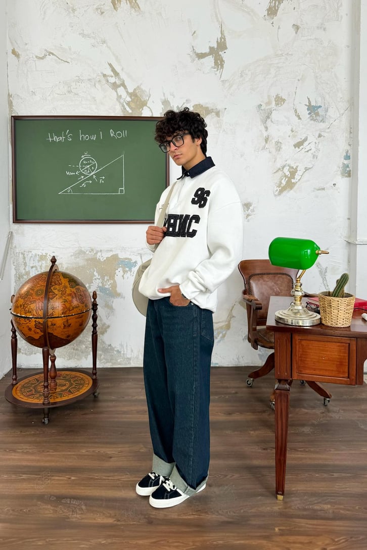 Polo Yaka Kot 3D Baskılı Sweatshirt