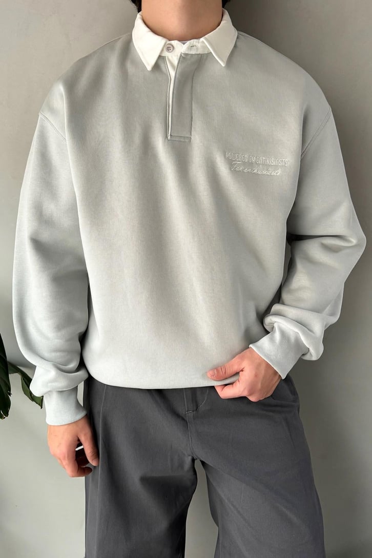 Polo Yaka Nakışlı Oversize Sweatshirt