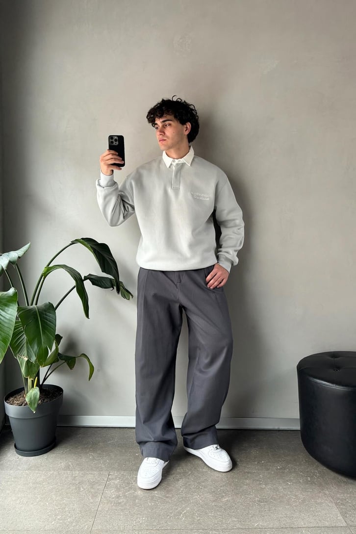 Polo Yaka Nakışlı Oversize Sweatshirt