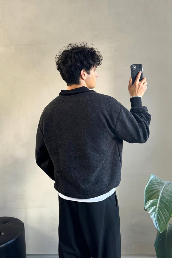 Polo Yaka Şardonlu Kumaş  Sweatshirt