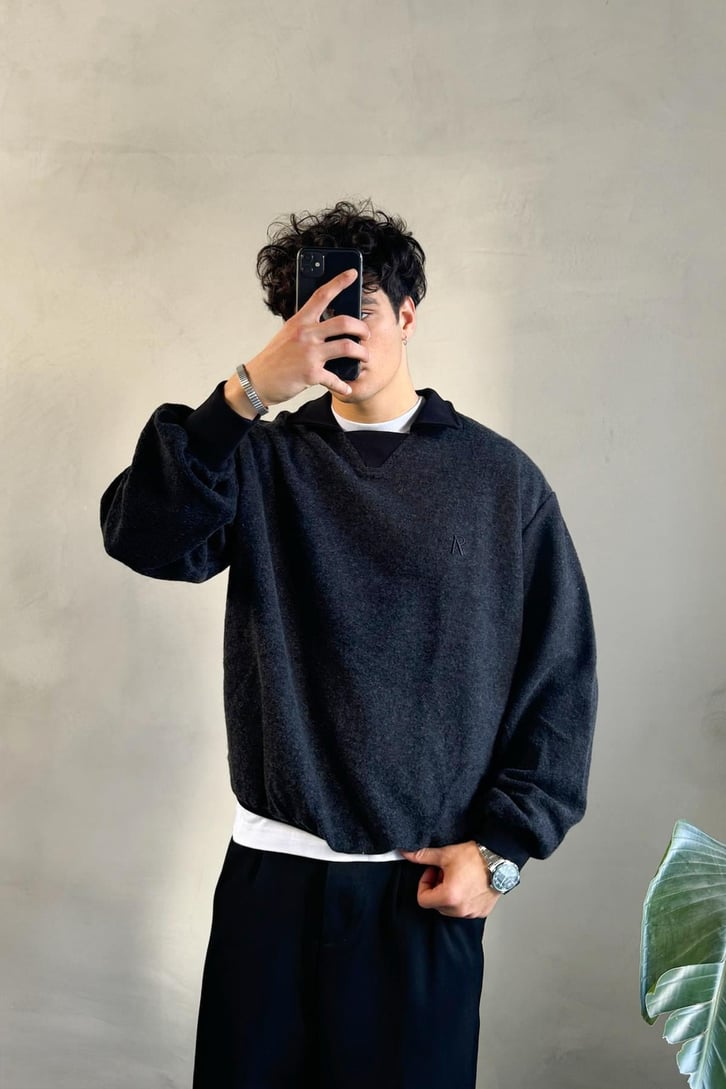 Polo Yaka Şardonlu Kumaş  Sweatshirt