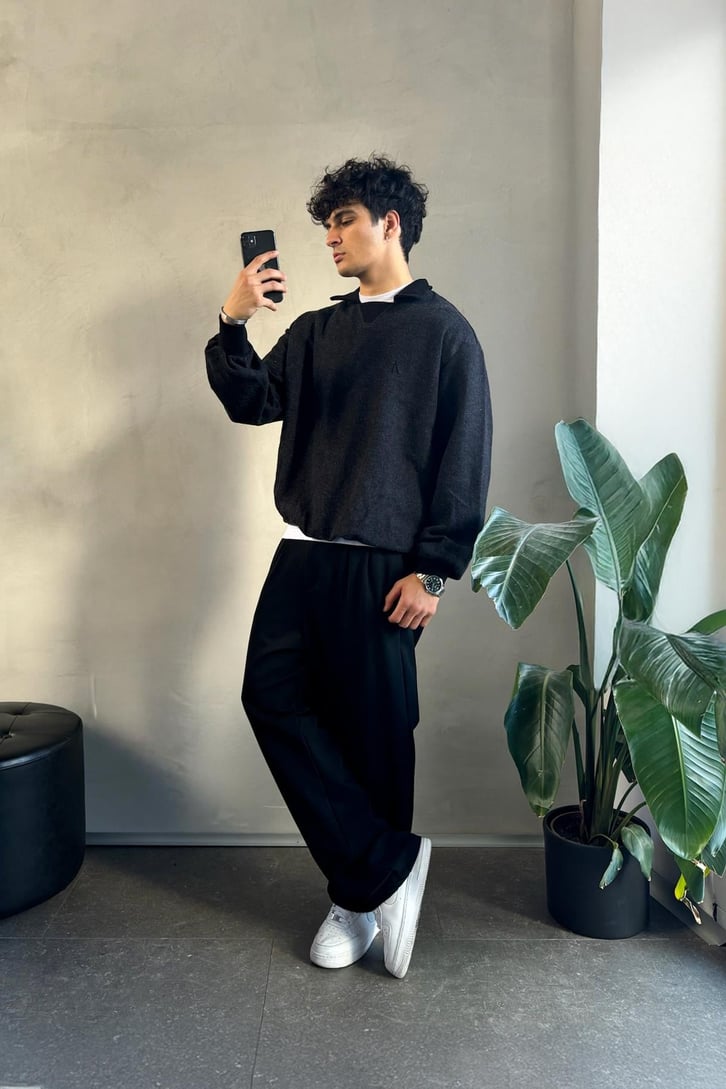 Polo Yaka Şardonlu Kumaş  Sweatshirt