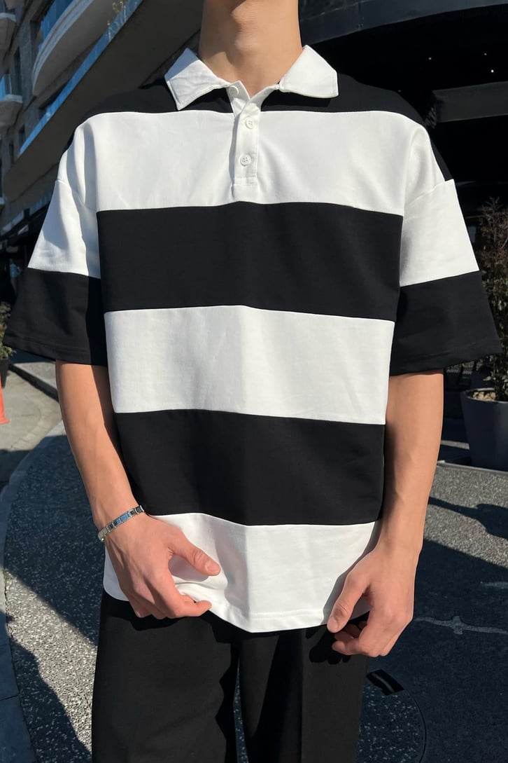 Polo Yaka Yatay Çizgili Gri Oversize Tişört