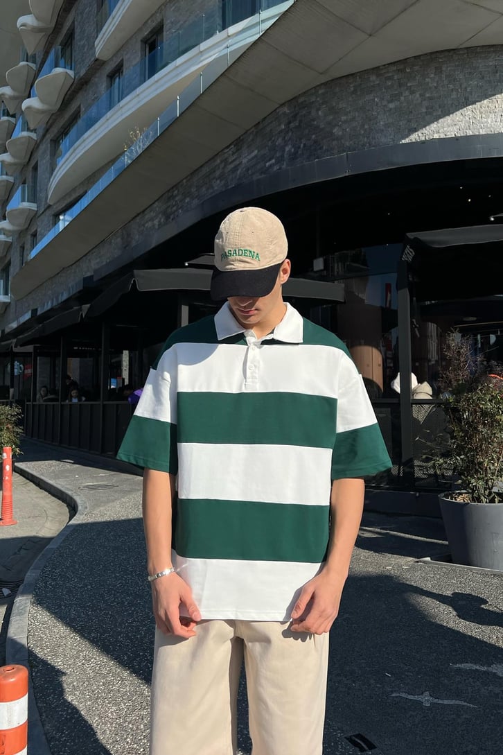 Polo Yaka Yatay Çizgili Gri Oversize Tişört