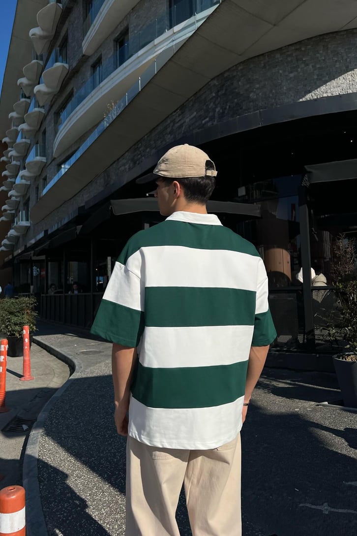 Polo Yaka Yatay Çizgili Gri Oversize Tişört