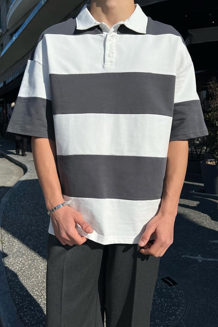 Polo Yaka Yatay Çizgili Koyu Gri Oversize Tişört