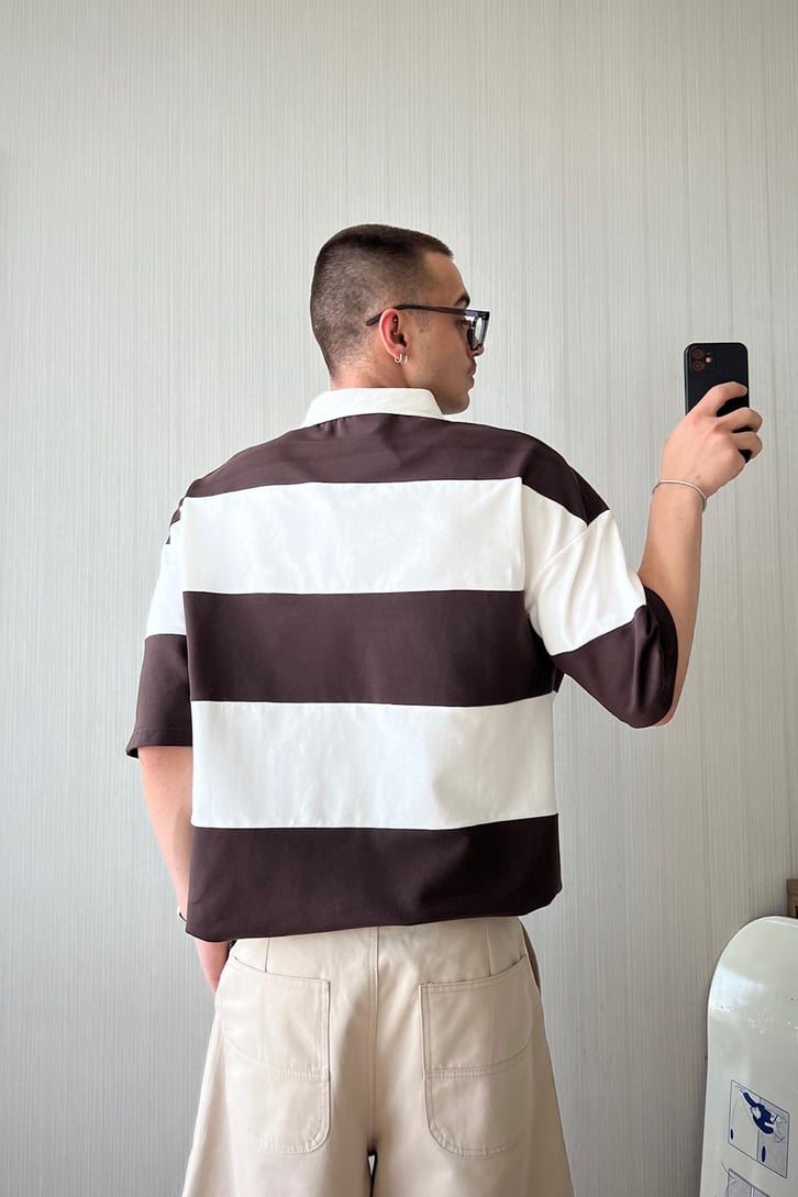 Polo Yaka Yatay Çizgili Oversize Tişört