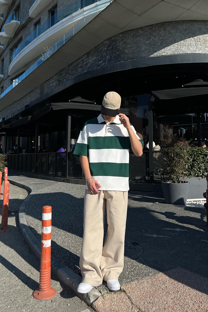 Polo Yaka Yatay Çizgili Yeşil Oversize Tişört