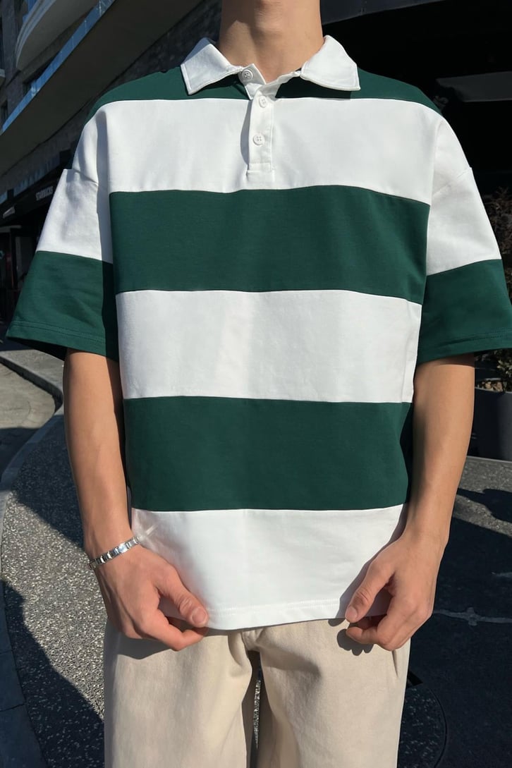 Polo Yaka Yatay Çizgili Yeşil Oversize Tişört