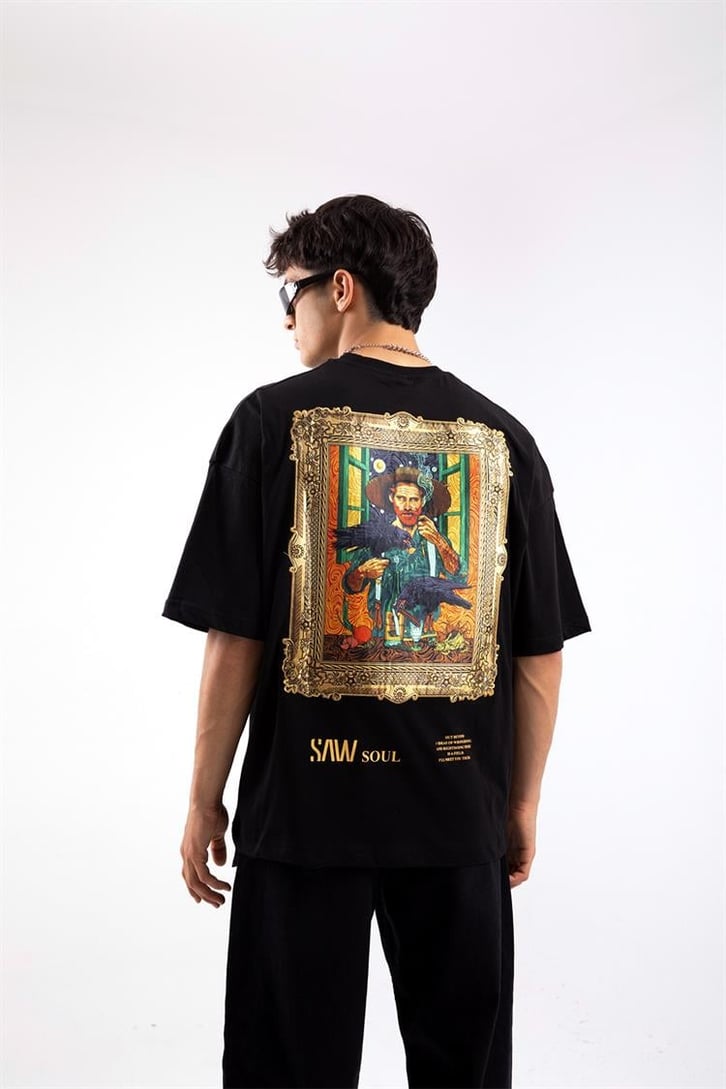 Portre Nakış Detaylı  Siyah Oversize Tshirt