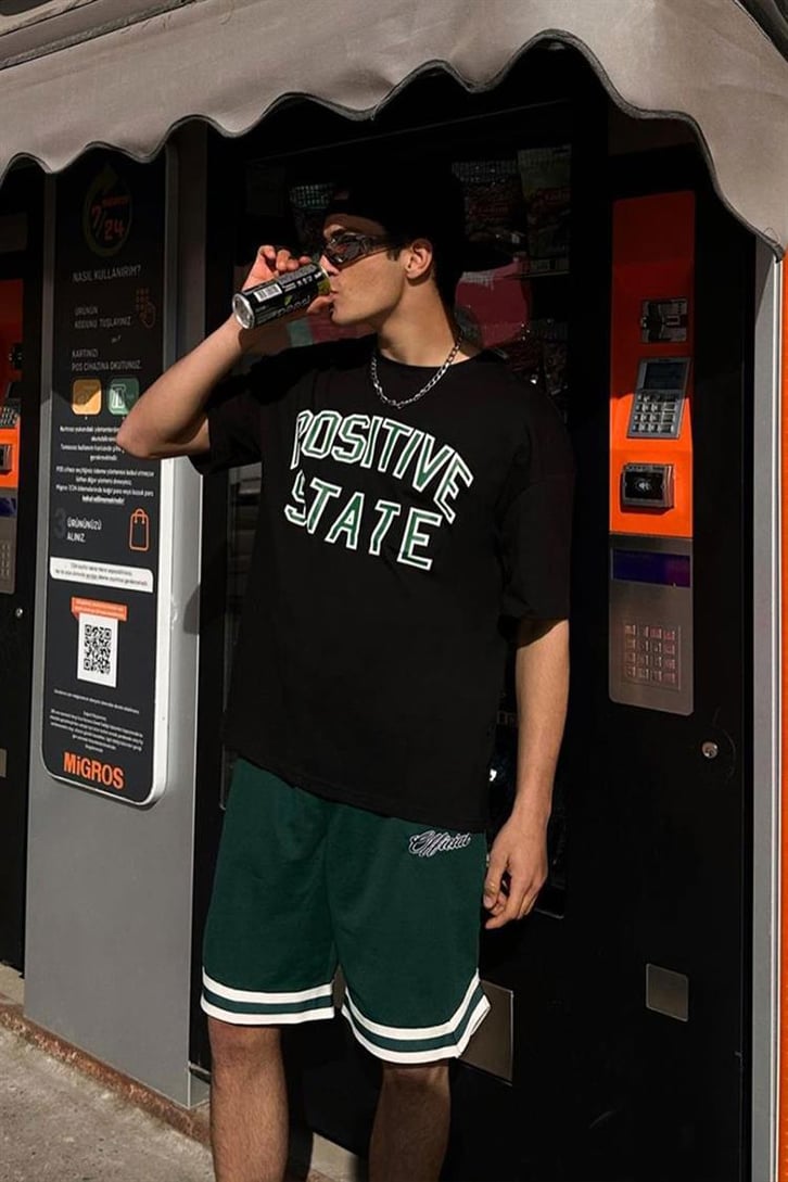 Positive State Baskılı Siyah Oversize Tişört