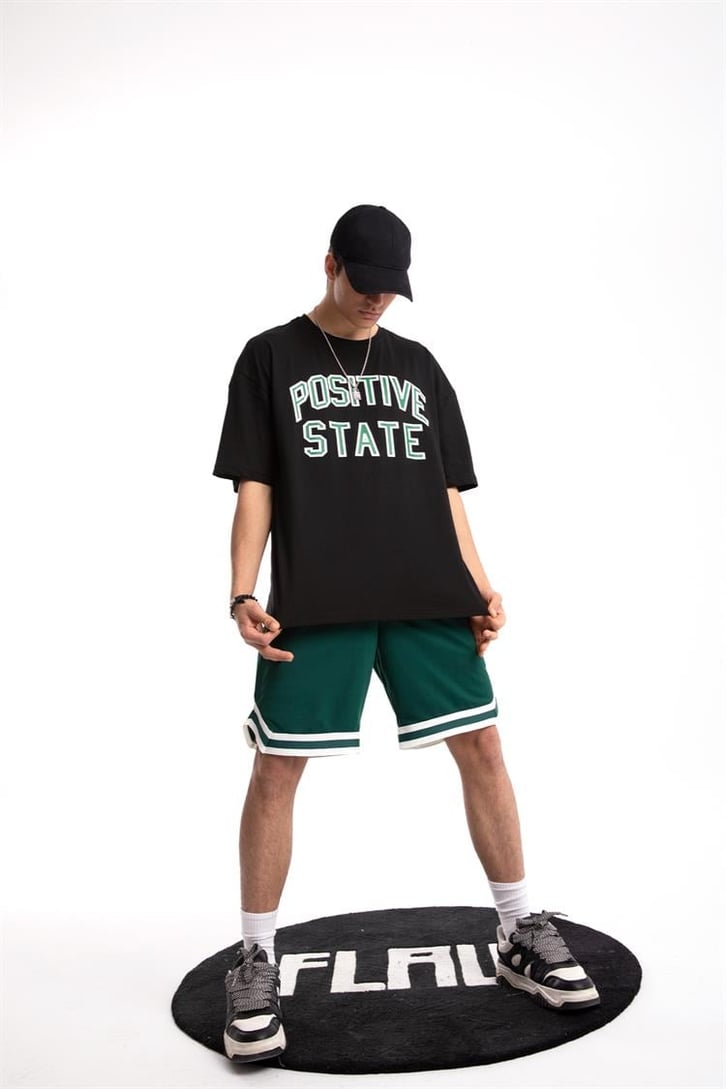 Positive State Baskılı Siyah Oversize Tişört