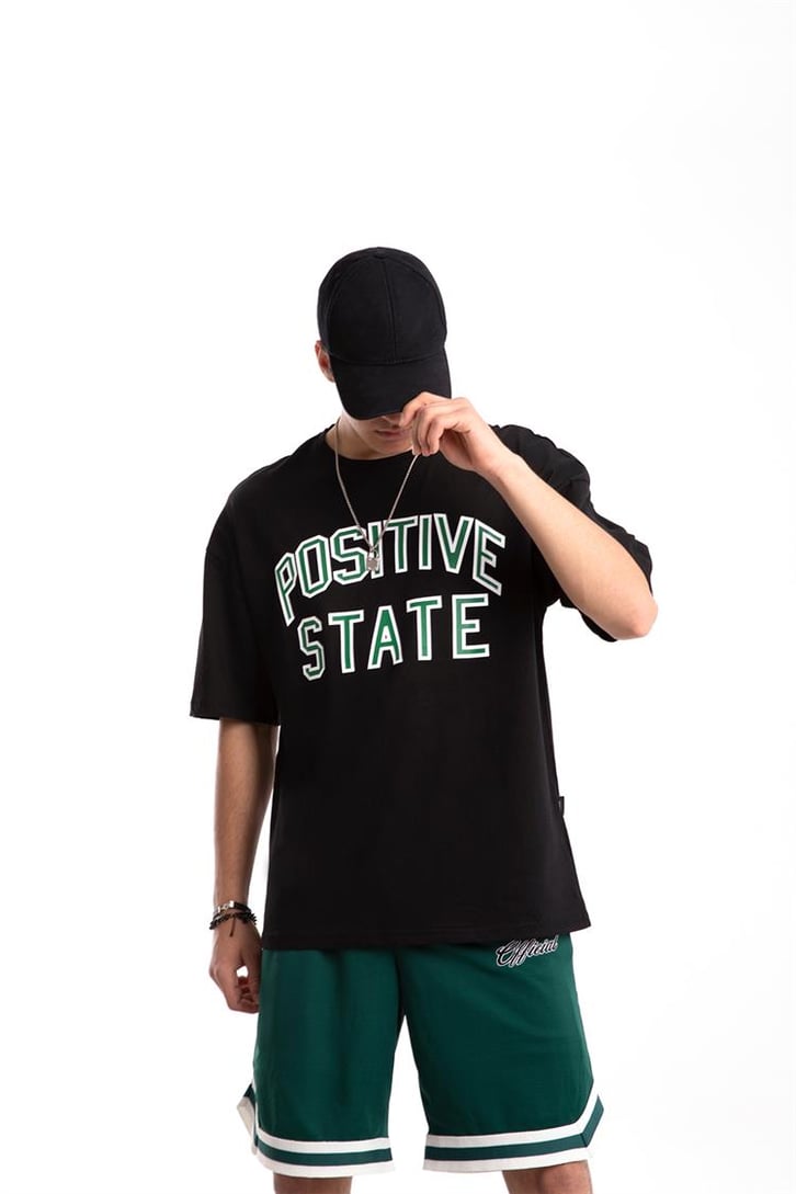 Positive State Baskılı Siyah Oversize Tişört