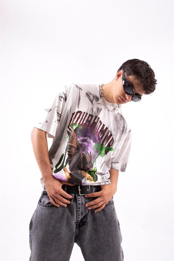 Pour Homme Batik Desen Beyaz Oversize Tshirt