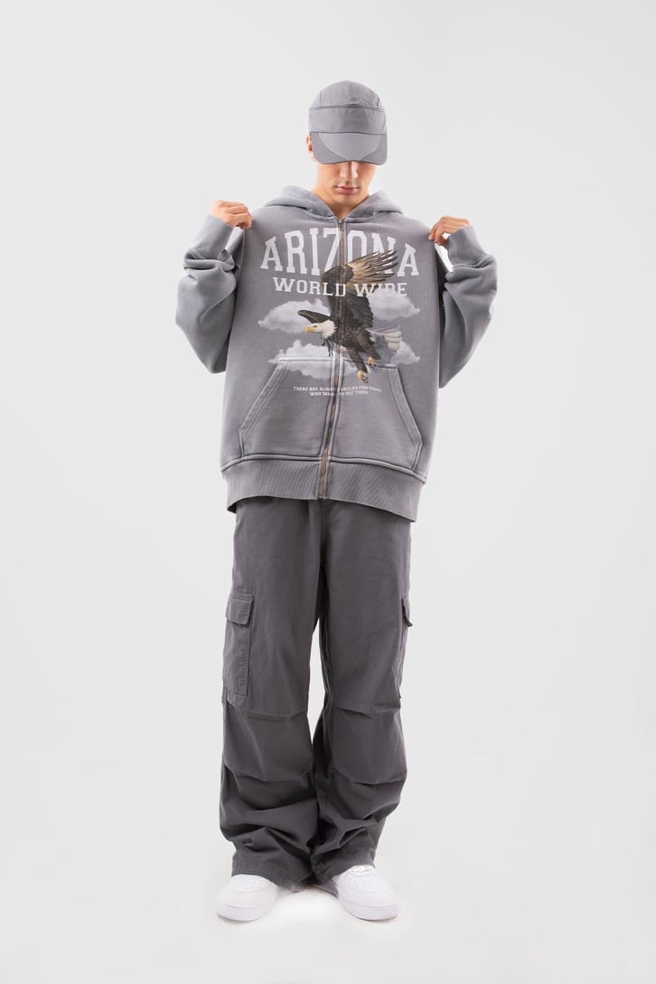 Premium 500 GSM Eagle Baskılı Gri Oversize Hoodie