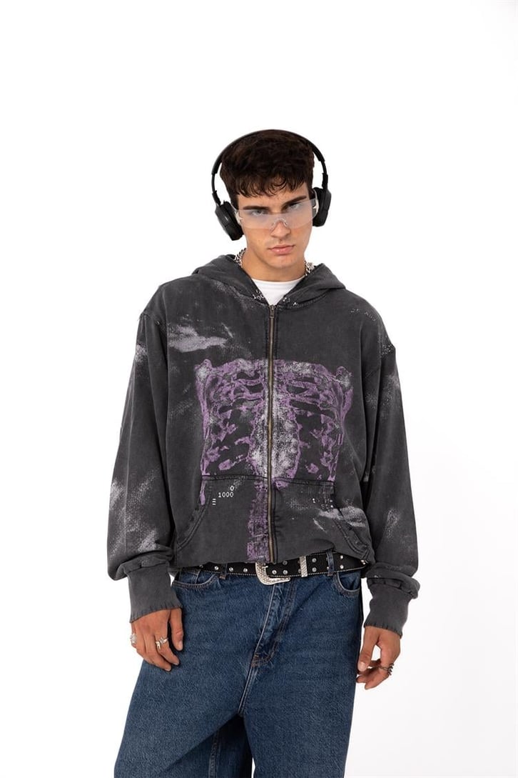 Premium Baskılı Acid Wash Oversize Zip Hoodie