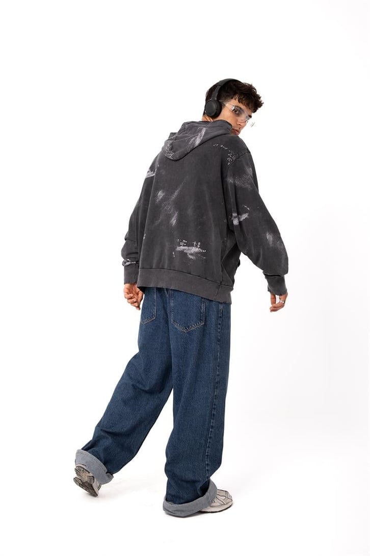Premium Baskılı Acid Wash Oversize Zip Hoodie