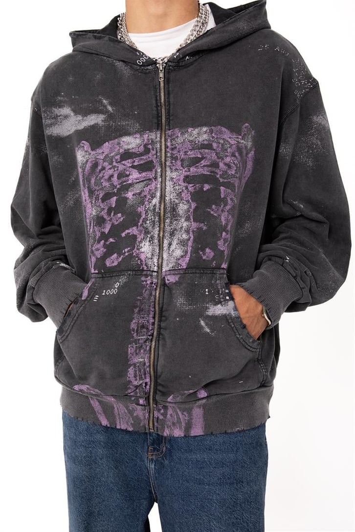 Premium Baskılı Acid Wash Oversize Zip Hoodie