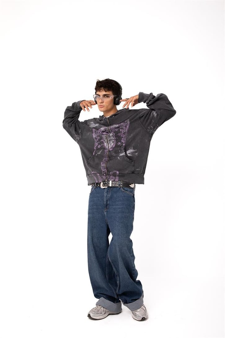 Premium Baskılı Acid Wash Oversize Zip Hoodie