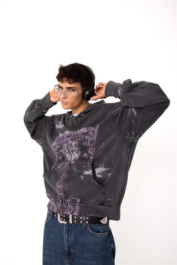 Premium Baskılı Acid Wash Oversize Zip Hoodie