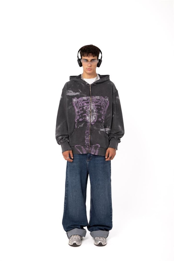 Premium Baskılı Acid Wash Oversize Zip Hoodie