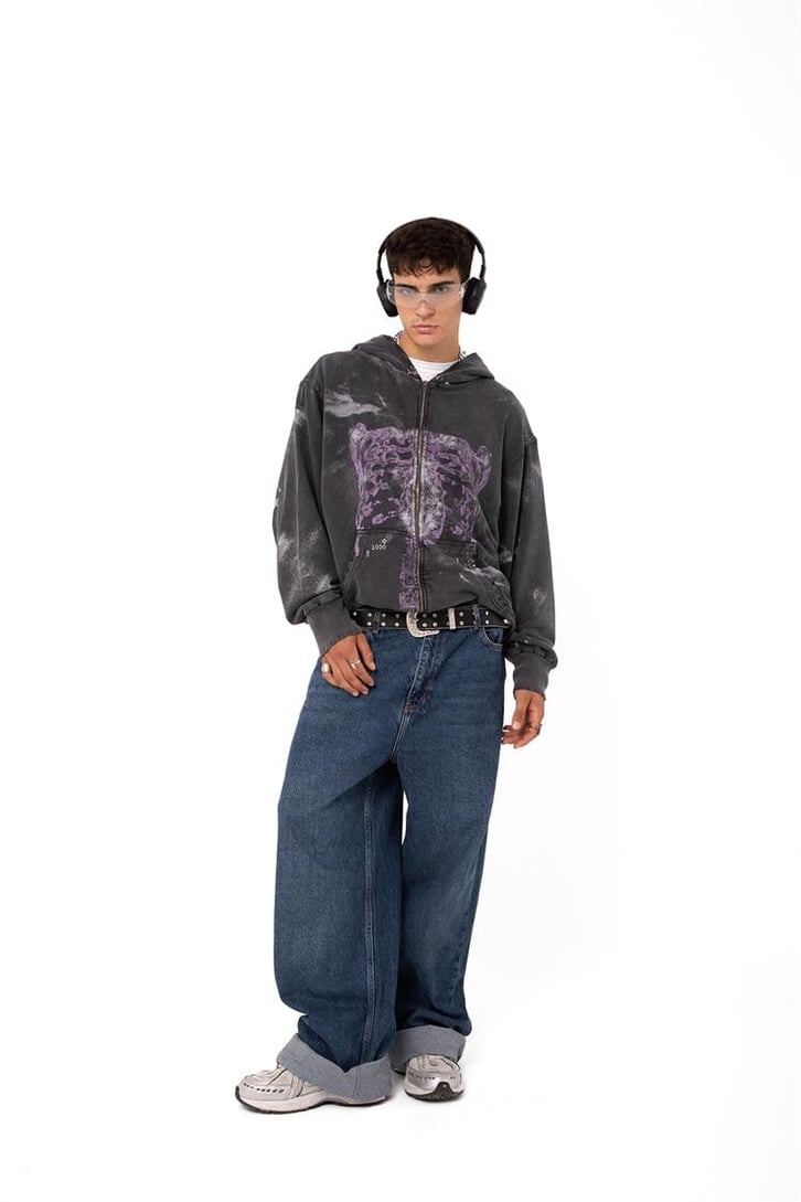 Premium Baskılı Acid Wash Oversize Zip Hoodie