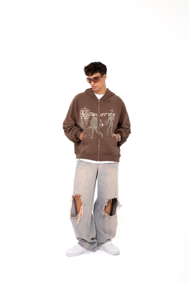 Premium Baskılı Kahverengi Zipper Hoodie