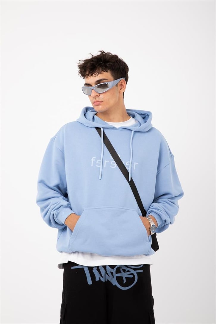 Premium Kumaş 500GSM Ferever Baskılı Bebek Mavisi Oversize Hoodie