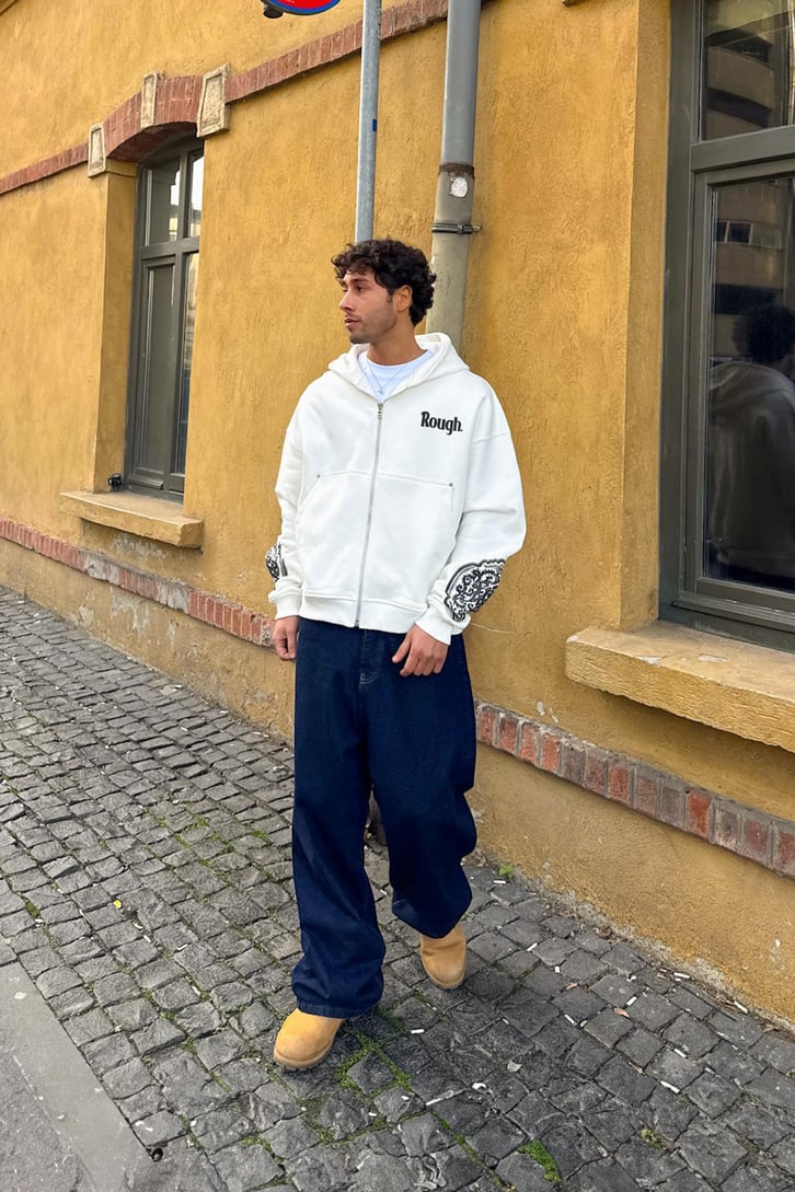 Premium Kumaş Rough Baskılı Zip Hoodie