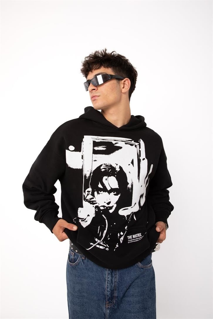 Premium The Matrix Baskılı Siyah Oversize Hoodie