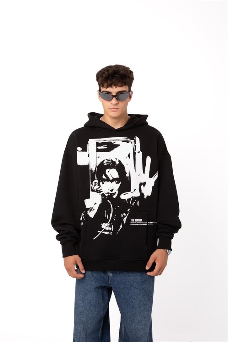 Premium The Matrix Baskılı Siyah Oversize Hoodie