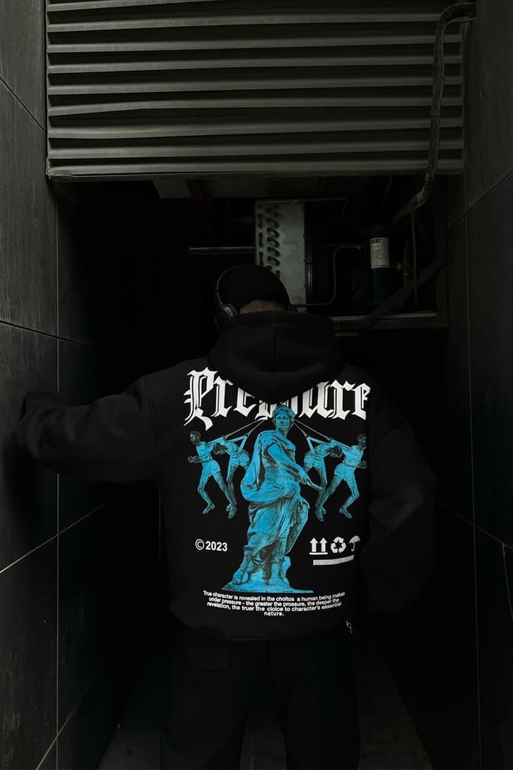 Pressure Sırt Baskılı Siyah Oversize Hoodie