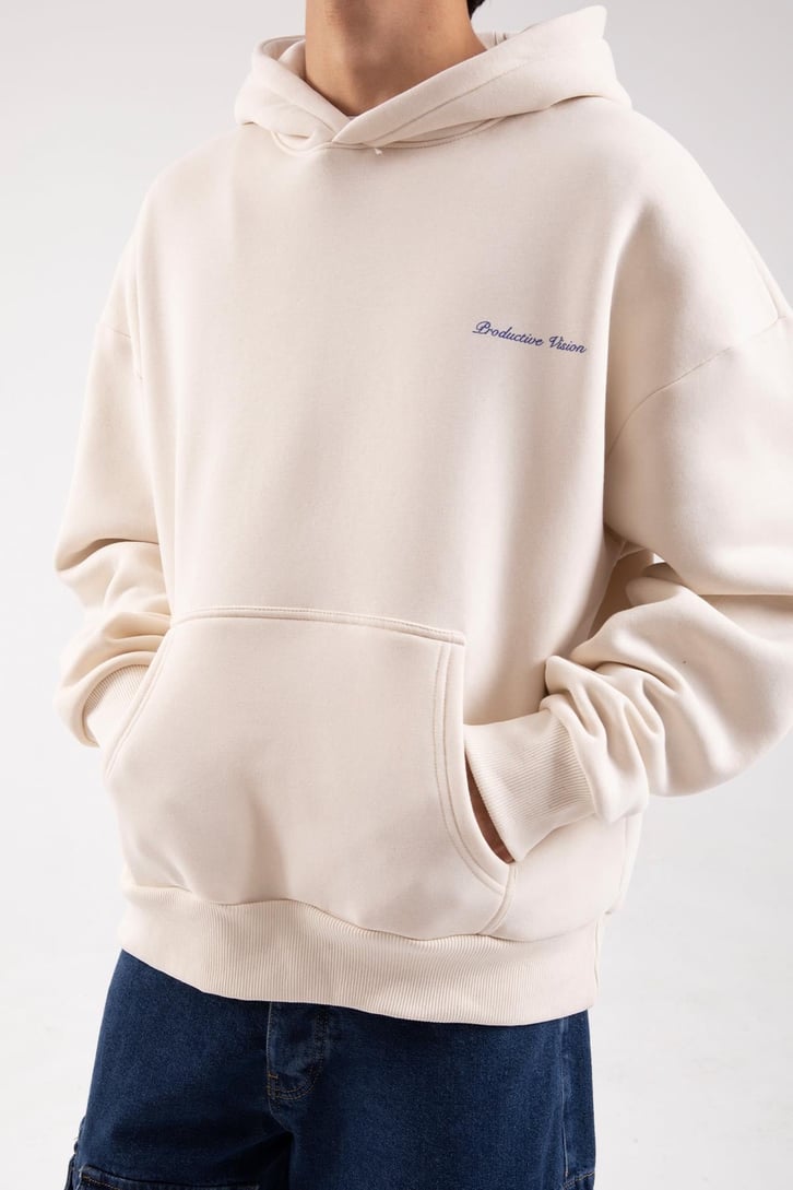 Productive Vision Baskılı Krem Oversize Hoodie