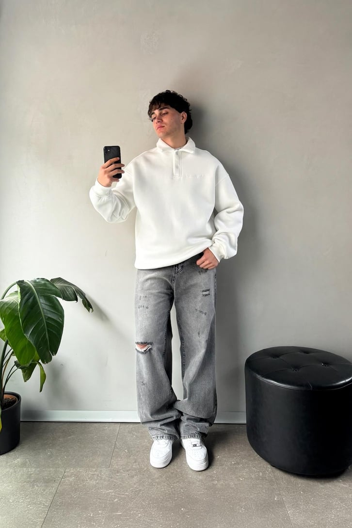 Punch Art Baskılı Polo Yaka Sweatshirt