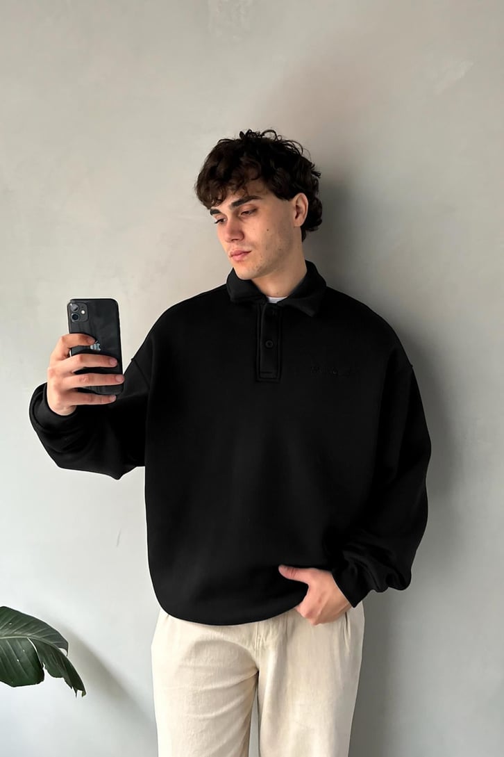 Punch Art Baskılı Polo Yaka Sweatshirt