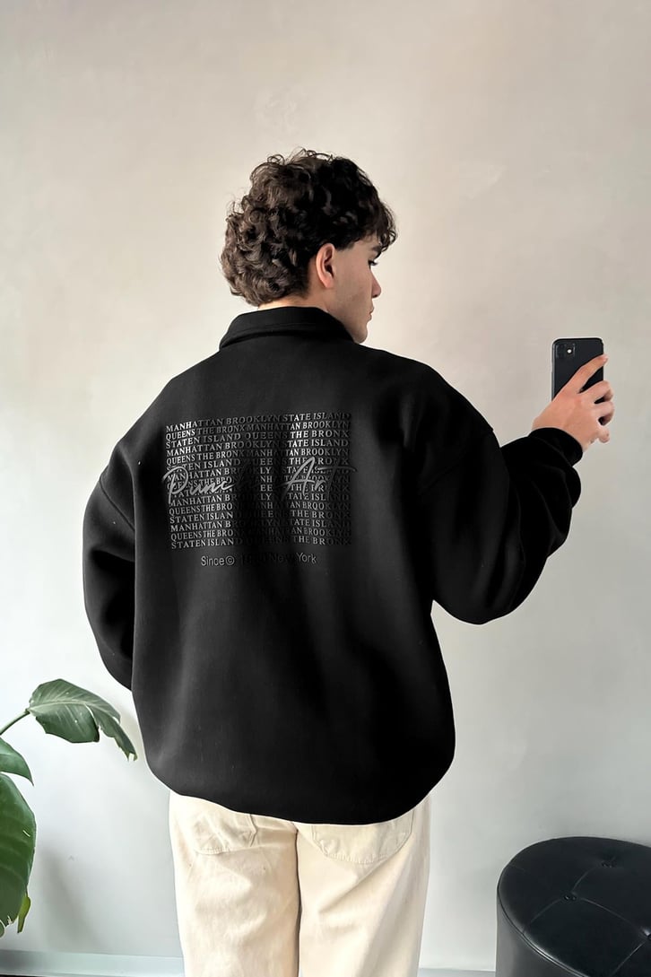 Punch Art Baskılı Siyah Polo Yaka Sweatshirt