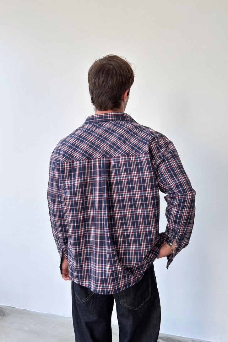 Quick Amblemli Ekose Lacivert Pamuklu Keten Oversize Gömlek